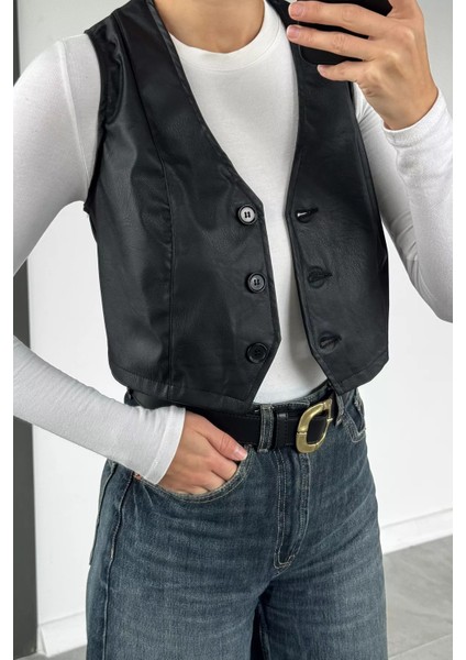 Kadın Ön Düğmeli Crop Top Suni Deri Yelek P-00019088 fırsatları