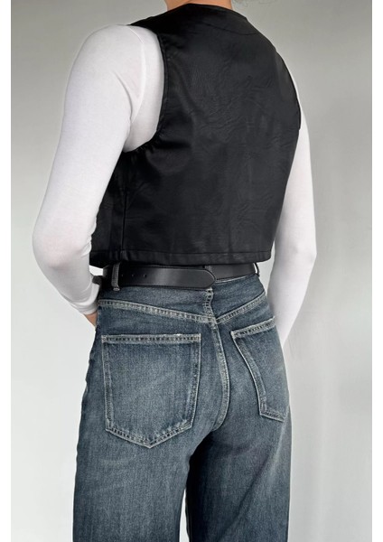 Kadın Ön Düğmeli Crop Top Suni Deri Yelek P-00019088 indirimleri