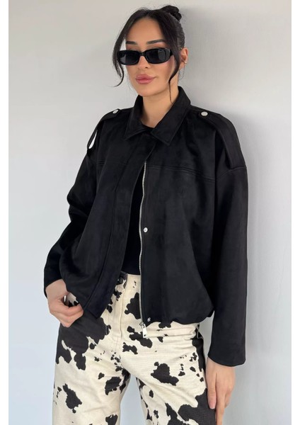 Kadın Bel Büzgülü Fermuarlı ve Çıtçıtlı Süet Ceket P-00019075