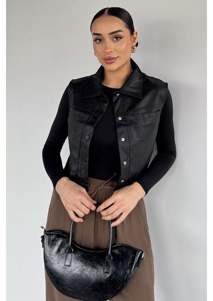 Kadın Çift Cepli Çıtçıtlı Suni Deri Yelek P-00019086 fiyatları