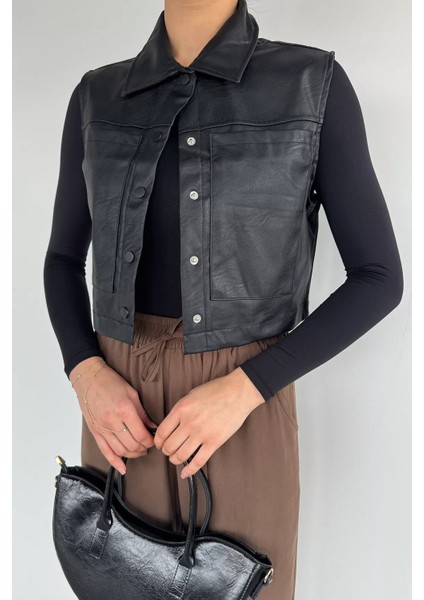 Kadın Çift Cepli Çıtçıtlı Suni Deri Yelek P-00019086 modelleri