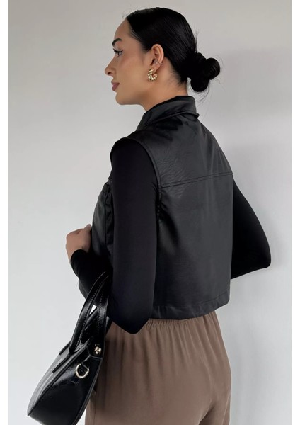 Kadın Çift Cepli Çıtçıtlı Suni Deri Yelek P-00019086 indirimleri