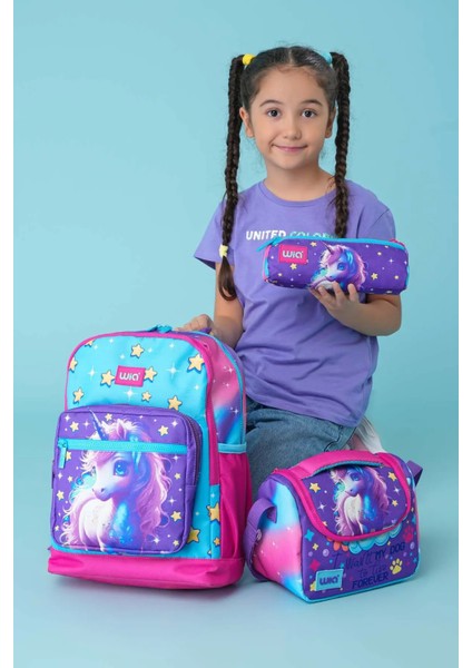 Kız Çocuk Unicorn Desenli 3'lü Okul Çanta Seti Pembe