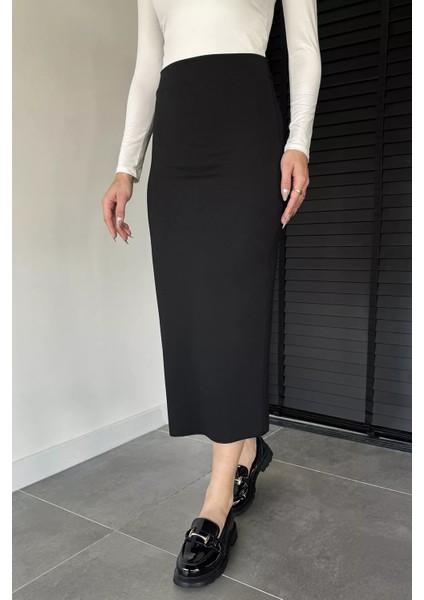 Kadın Likralı Yırtmaç Detaylı Midi Boy Kalem Etek P-00019071