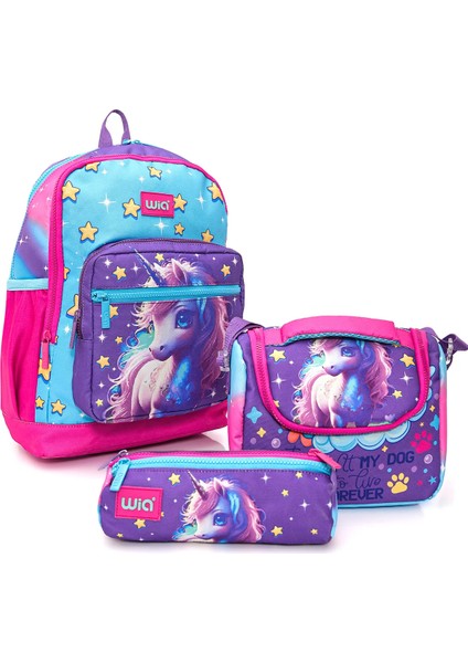 Kız Çocuk Unicorn Desenli 3'lü Okul Çanta Seti Pembe