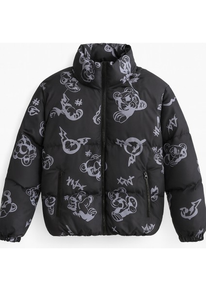 Erkek Astarlı Su ve Rüzgar Geçirmez Dik Yaka Baskılı Şişme Mont