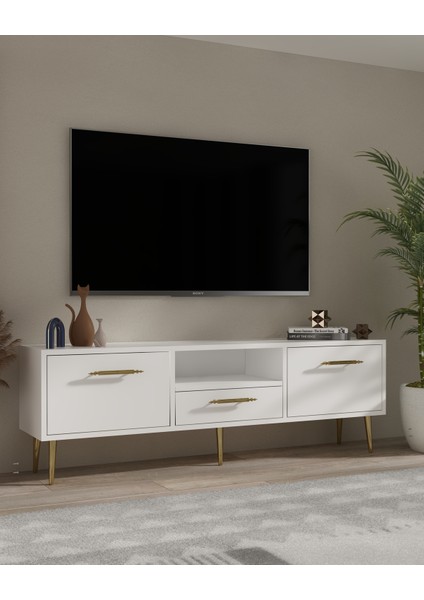 1330DROPCT-128 Tv Sehpası Beyaz-Altın