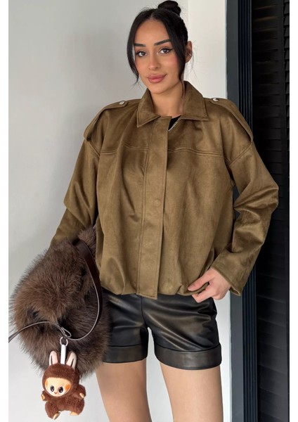 Kadın Bel Büzgülü Fermuarlı ve Çıtçıtlı Süet Ceket P-00019075