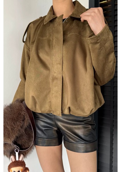 Kadın Bel Büzgülü Fermuarlı ve Çıtçıtlı Süet Ceket P-00019075 modelleri