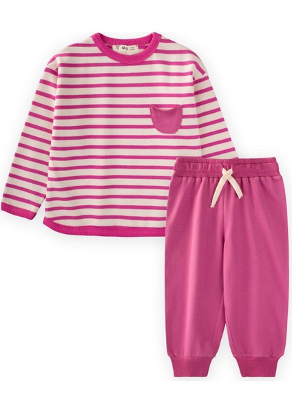 Çizgili Sweatshirt Takım 1-7 Yaş Fuşya