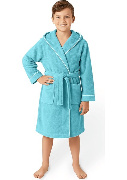 Çocuk Bornoz 9-10 Yaş | %100 Pamuklu-Turkuaz-Yumuşak Doku-Kapüşonlu-Cepli-Biyeli