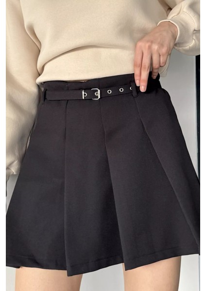 Kadın Kemer Aksesuarlı Fermuarlı Pileli Içi Şortlu Mini Etek P-00019082