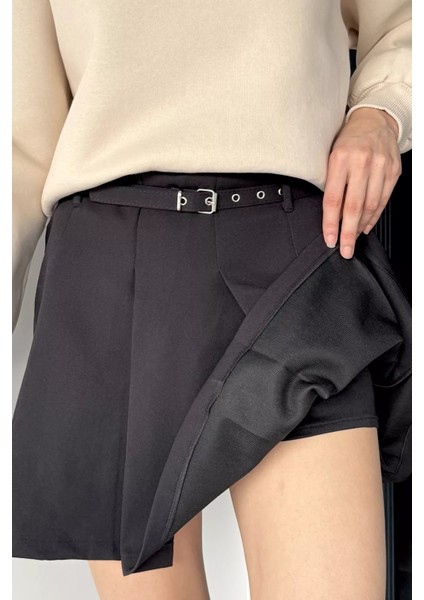 Kadın Kemer Aksesuarlı Fermuarlı Pileli Içi Şortlu Mini Etek P-00019082 fiyatları