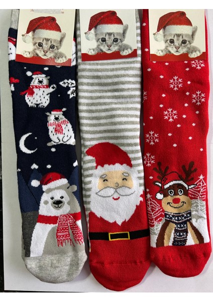 Yeni Yıl, Yılbaşı, Noel, Renkli Havlu Çoraplar, Geyikli, Noel Babalı, Desenli 3 Lü Paket (3 Adet)