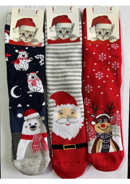 Yeni Yıl, Yılbaşı, Noel, Renkli Havlu Çoraplar, Geyikli, Noel Babalı, Desenli 3 Lü Paket (3 Adet) fiyatları