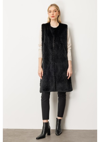 Kadın Peluş Kombinli Uzun Triko Yelek Siyah 20194
