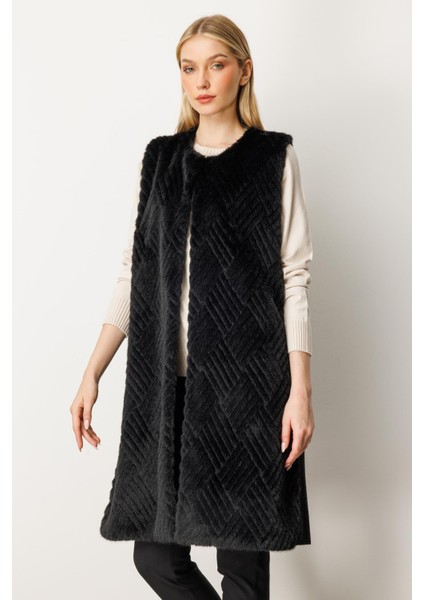 Kadın Peluş Kombinli Uzun Triko Yelek Siyah 20194 fiyatları