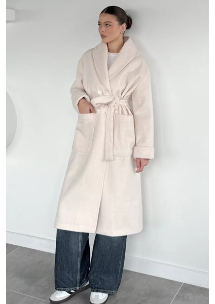 Kadın Çift Cepli Bel Kuşaklı Astarlı Çizgi Desenli Kaşe Kaban P-00018433