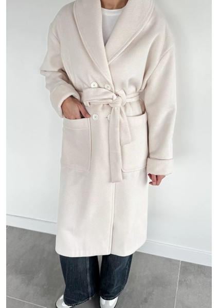 Kadın Çift Cepli Bel Kuşaklı Astarlı Çizgi Desenli Kaşe Kaban P-00018433 fiyatları