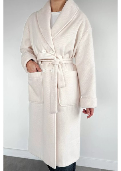 Kadın Çift Cepli Bel Kuşaklı Astarlı Çizgi Desenli Kaşe Kaban P-00018433 fırsatları