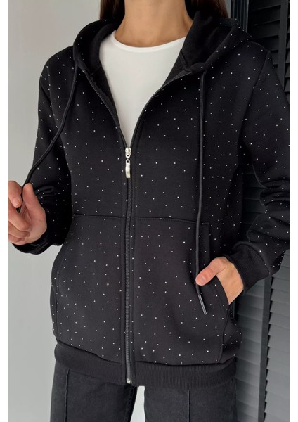 Kadın Taş Işlemeli Kapüşonlu Şardonlu Ön Fermuarlı Sweatshirt P-00018814