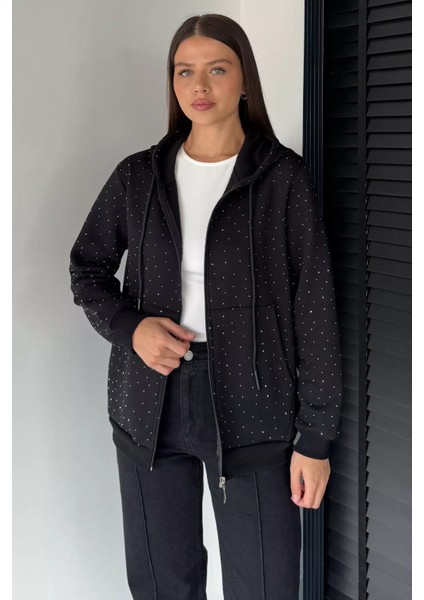 Kadın Taş Işlemeli Kapüşonlu Şardonlu Ön Fermuarlı Sweatshirt P-00018814 fiyatları