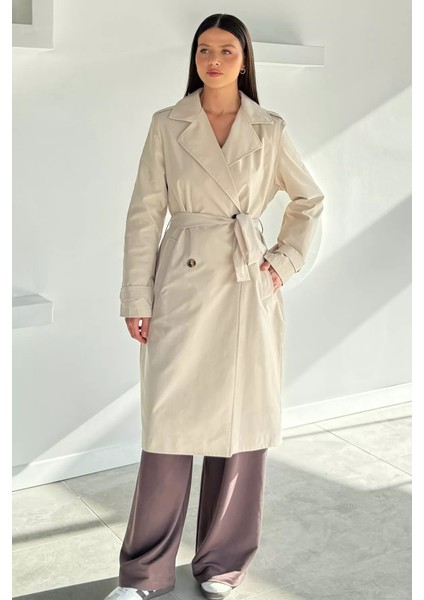 Kadın Kruvaze Yaka Iç Astarlı Bel Kuşak Detaylı Trençkot P-00018637