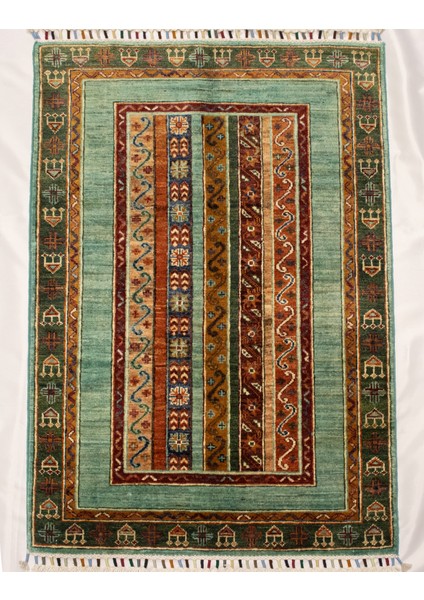 El Dokuma Afgan Halı Şal Desenli Desenli Turkuaz Renk 1 Metre Kare