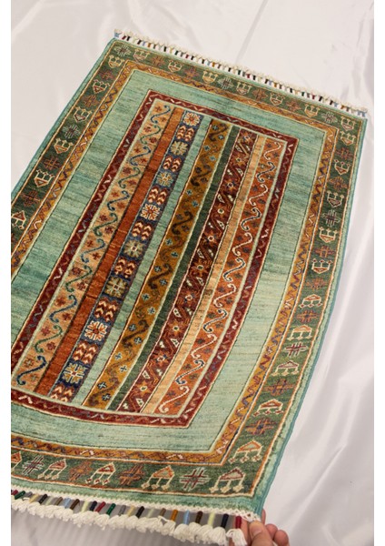 El Dokuma Afgan Halı Şal Desenli Desenli Turkuaz Renk 1 Metre Kare modelleri