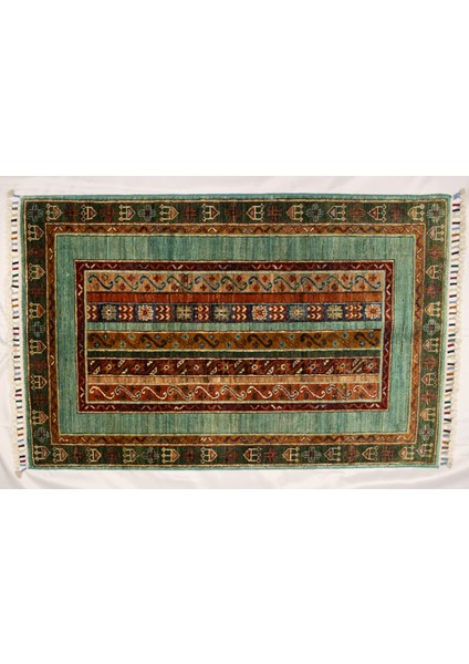 El Dokuma Afgan Halı Şal Desenli Desenli Turkuaz Renk 1 Metre Kare