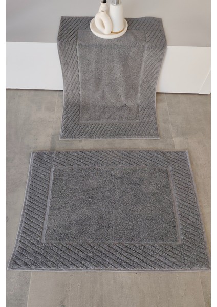 2'li Diyagonal Çizgili Ayak Havlusu Seti - %100 Pamuk Havlu Takımı - 50X70 cm - Antrasit