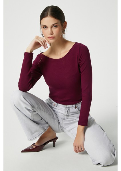 Kayık Yaka Need Uzun Kollu Mürdüm Soft Top / Bluz