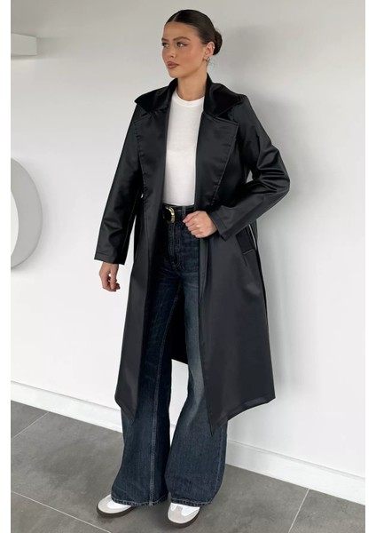 Kadın Çift Cepli Bel Kuşaklı Astarlı Suni Deri Trençkot P-00018672