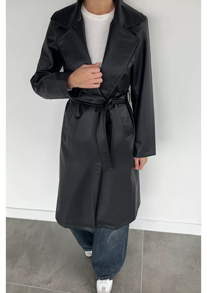 Kadın Çift Cepli Bel Kuşaklı Astarlı Suni Deri Trençkot P-00018672 fiyatları