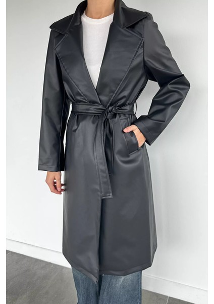 Kadın Çift Cepli Bel Kuşaklı Astarlı Suni Deri Trençkot P-00018672 modelleri