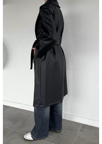 Kadın Çift Cepli Bel Kuşaklı Astarlı Suni Deri Trençkot P-00018672 fırsatları