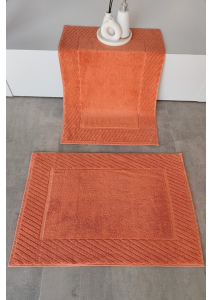2'li Diyagonal Çizgili Ayak Havlusu Seti - %100 Pamuk Havlu Takımı - 50X70 cm - Kiremit