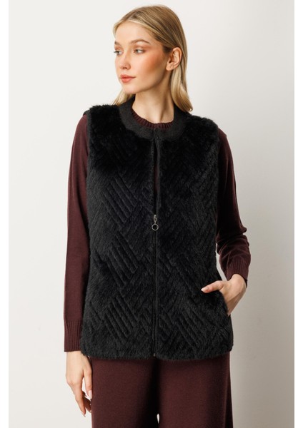 Kadın Kürk Kombinli Triko Yelek Siyah 20218