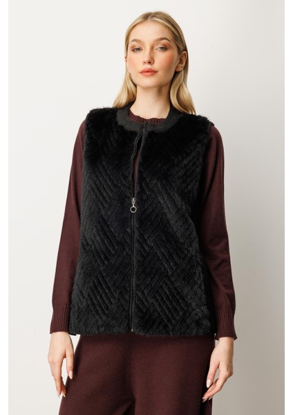 Kadın Kürk Kombinli Triko Yelek Siyah 20218 fiyatları