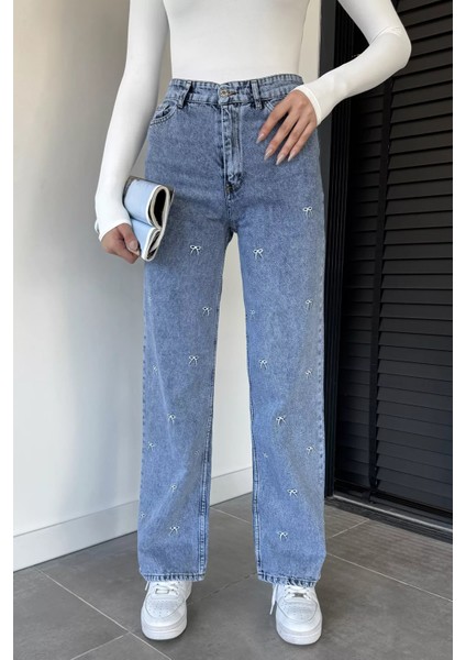 Kurdele Nakışlı Yüksek Bel Bol Paça Kadın Jean Kot Pantolon P-00014929