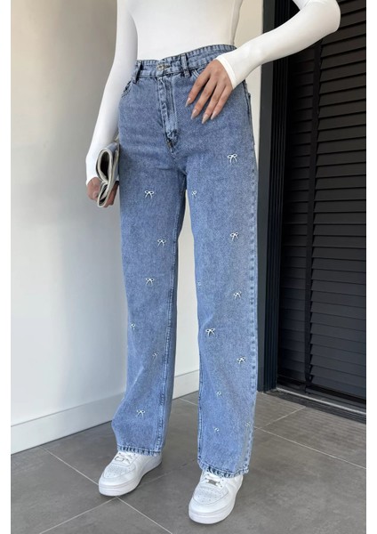 Kurdele Nakışlı Yüksek Bel Bol Paça Kadın Jean Kot Pantolon P-00014929 fiyatları