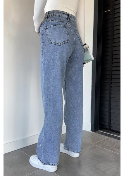 Kurdele Nakışlı Yüksek Bel Bol Paça Kadın Jean Kot Pantolon P-00014929 modelleri
