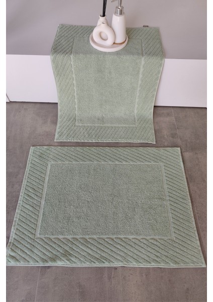 2'li Diyagonal Çizgili Ayak Havlusu Seti - %100 Pamuk Havlu Takımı - 50X70 cm - Yeşil