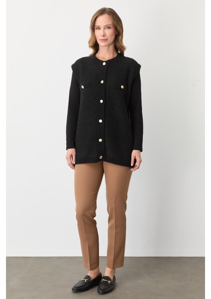 Kadın Düğmeli Pirinç Örgü Yelek Siyah-Gold 20296