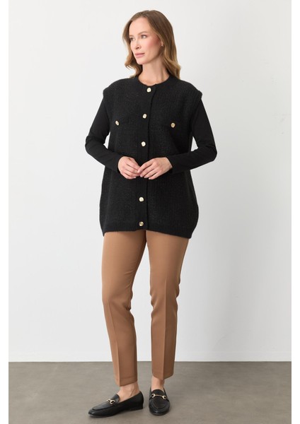 Kadın Düğmeli Pirinç Örgü Yelek Siyah-Gold 20296 fiyatları