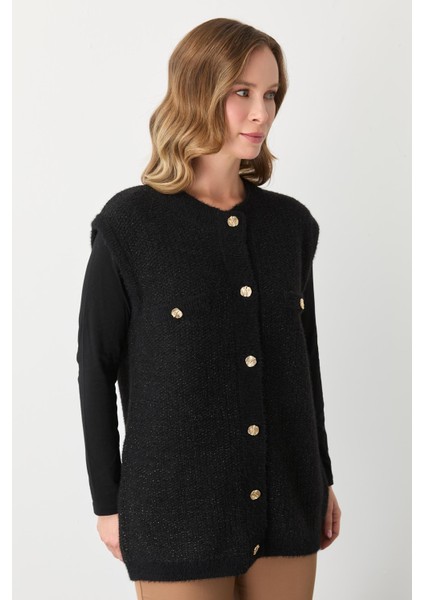 Kadın Düğmeli Pirinç Örgü Yelek Siyah-Gold 20296 modelleri