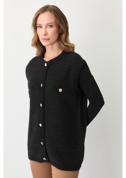 Kadın Düğmeli Pirinç Örgü Yelek Siyah-Gold 20296 fırsatları