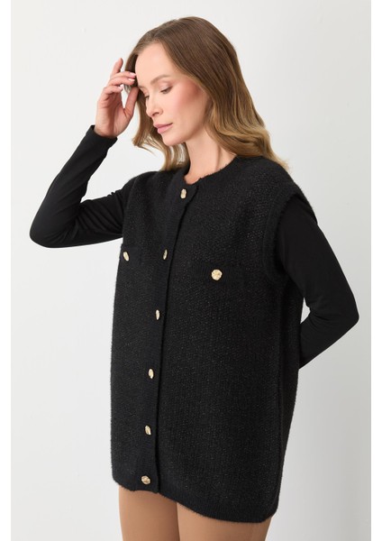 Kadın Düğmeli Pirinç Örgü Yelek Siyah-Gold 20296 indirimleri