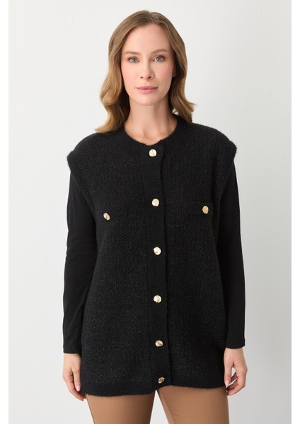 Kadın Düğmeli Pirinç Örgü Yelek Siyah-Gold 20296