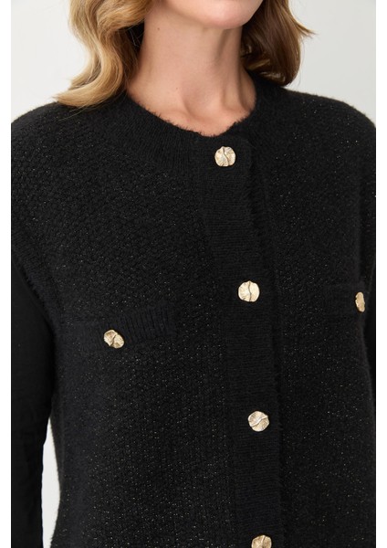 Kadın Düğmeli Pirinç Örgü Yelek Siyah-Gold 20296